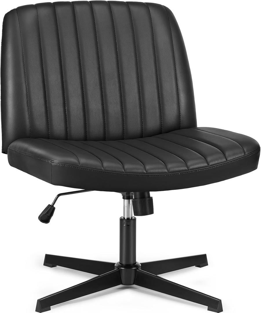 OLIXIS Criss Cross Legged Chairs Armless No Wheels Wide Seat Height Adjustable Swivel Padded PU Leather Home Office Desk Seating for Bedroom, Student, Study Room (Black)