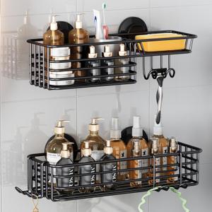 TAILI Shower Caddy Suction Cup 2 Pack With Hooks & Soap Holder, Heavy Duty Shower Organizer, No Drilling Bathroom Organizer With Large Capacity, Stainless Steel Bathroom Caddies-Black