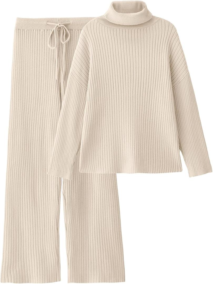 LILLUSORY Women's 2 Piece Outfits Turtleneck Sweaters Lounge Set and Wide Leg Pants Cozy Knit Sweatsuit Sets (Medium, Apricot)