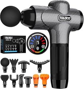 TOLOCO Massage Gun, Upgrade Deep Tissue Back Massager with 10 Replacement Heads, Percussion Massage Guns for Athletes for Pain Relief, Super Quiet Electric Massager for Valentine Gift, Carbon