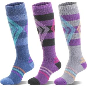 3 Pairs Merino Wool Ski Socks for Womens Mens Thermal Winter Warm Thick Knee High Socks for Skiing Snowboarding (Medium, Blue / Purple / Grey B)