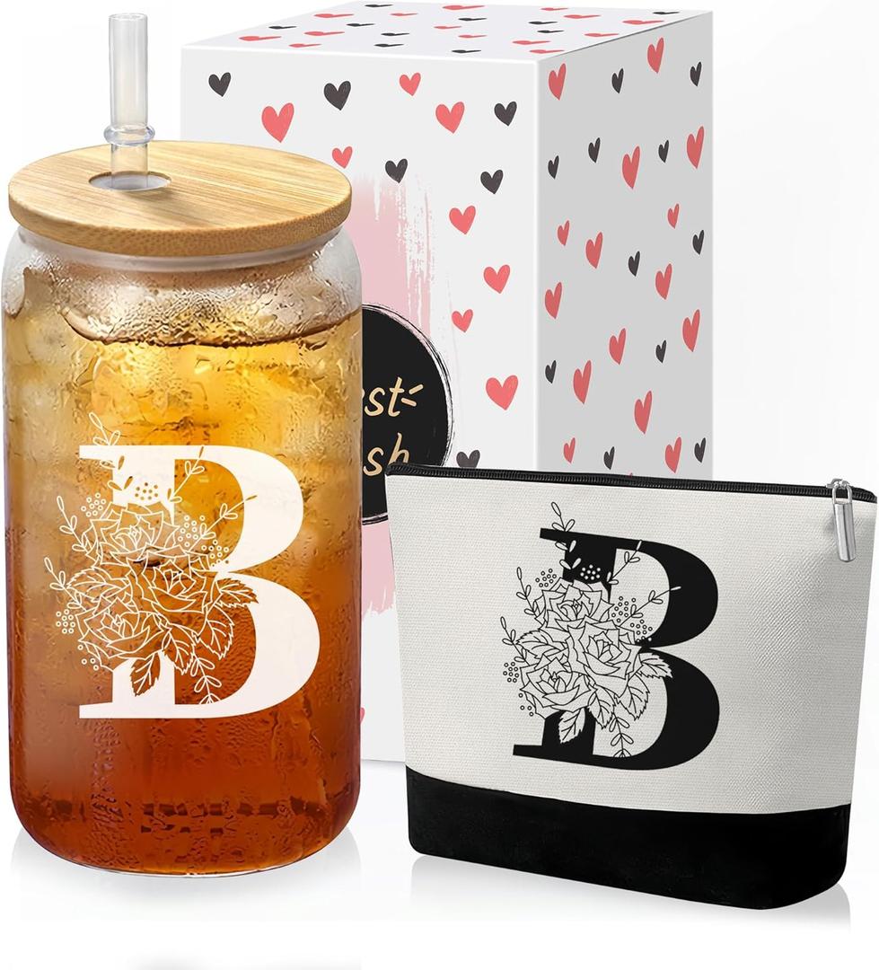 Custom Glass Cup & Makeup Bag Set - Personalized Gifts for Women, Initial 16 oz Glass Tumbler with Lid & Straw, Monogram Makeup Bag - Birthday Gifts For Women, Mother's Day Presents(B) Custom Glass Cup & Makeup Bag Set - Personalized Gifts for Women, Initial 16 oz Glass Tumbler with Lid & Straw, Monogram Makeup Bag - Birthday Gifts For Women, Mother's Day Presents(B)