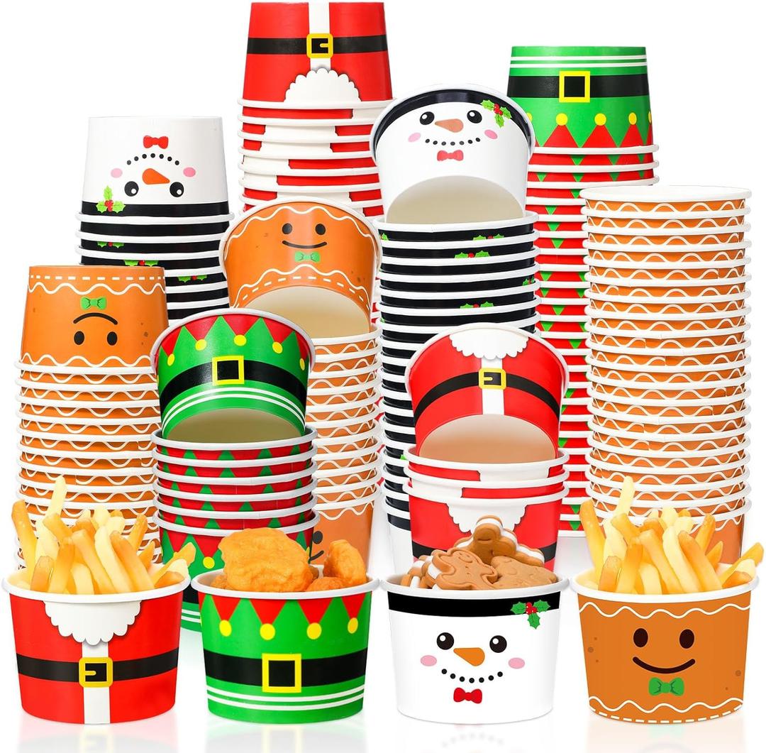 100 Pack Christmas Party Snack Cups 8oz Disposable Ice Cream Dessert Soup Bowls with Santa Snowman Gingerbread Designs, Holiday Paper Cups for Hot Cold Food, Xmas Party Decorations Supplies