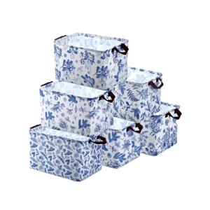 Vesici 6 Pack Christmas Basket for Gifts Empty Watercolor Blue Floral Christmas Storage Bins with Handle Foldable Storage Box Canvas Laundry Basket for Xmas Office Home Bedroom Clothes