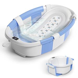 Collapsible Baby Bathtub for Newborn to Toddler 0-36 Months,Spacious Foldable Infant Bath Tub with Thermometer,Cushion & Drain Hole,Portable Travel Tub, Baby Shower Gift Blue