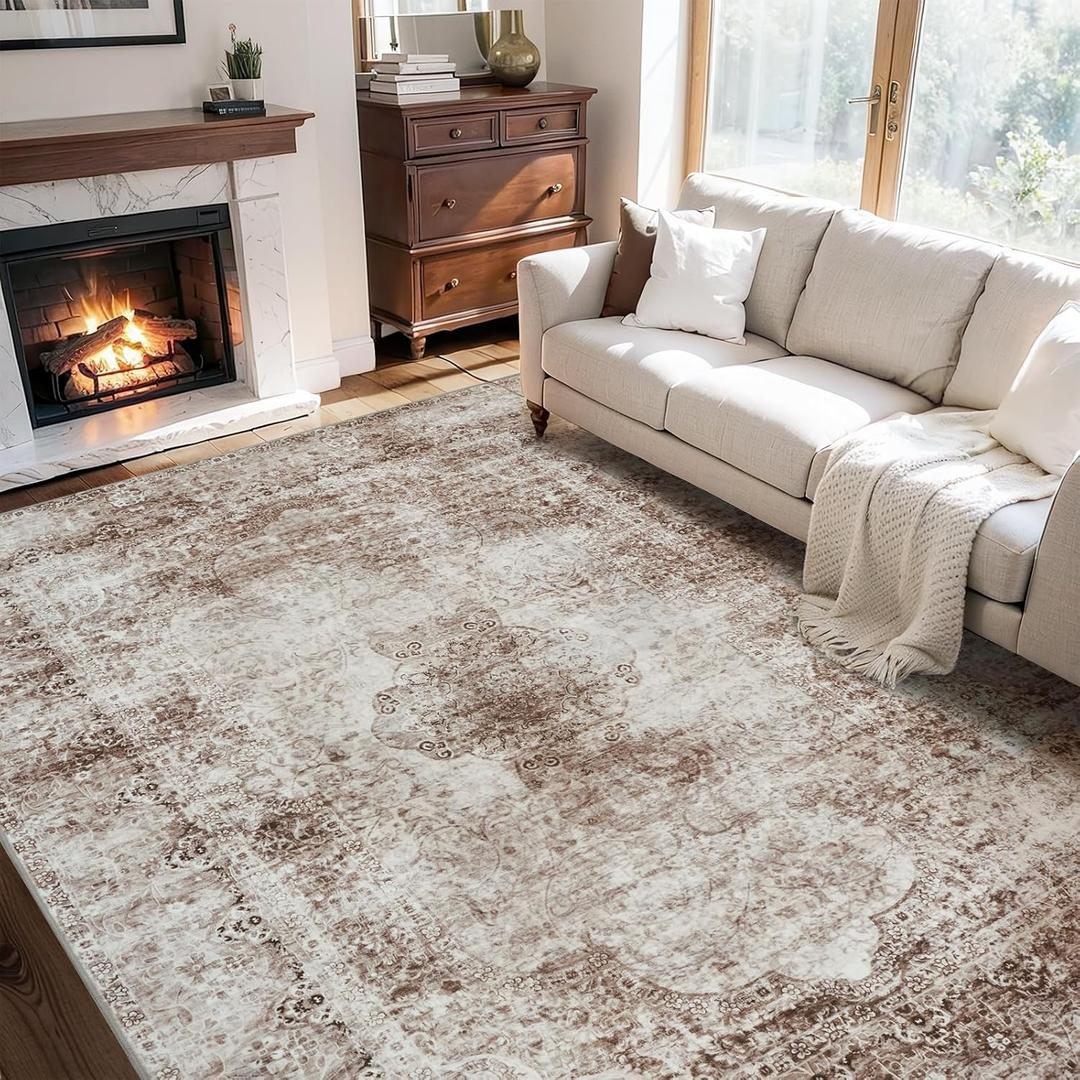 Brown Large 9x12 Area Rugs for Living Room Rug Bedroom Rug-Carpet Washable Distressed Neutral Vintage Dining Room Rugs for Under Table Soft Comfortable Non Slip