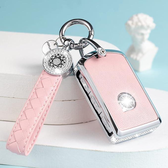 SHANGHONG Compatible with Volvo Key Fob Cover with Keychain Leather Crystal 360 Degree Protection Key Shell Case for Volvo XC90, XC60, XC40, S60, S90, V60, V90, Polestar 1, Polestar 2 (Pink)