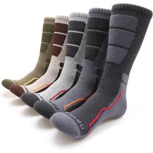 MIRMARU Men's 5 Pairs Hiking Outdoor Trail Running Trekking Moisture Wicking Cushion Crew Socks (7-10, 1 X Black, 1 Xcharcoal, 1 X Grey, 1 X Sand, 1 X Olive)