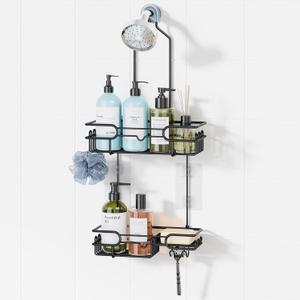 HapiRm Hanging Shower Caddy Organizer - Bathroom Organizer with 12 Hooks and Soap Holder, Rustproof Shower Shelf over Shower Head - Black