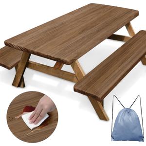 Picnic Table Cover with Bench Covers Elastic Edges, Wooden Brown Fitted Table Cover, Outdoor Patio Camping Essentials 72 Inch 3PCS, Waterproof Camping Fitted Tablecloth with Drawstring Bag