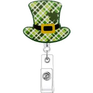 2 x St. Patricks Day ID Badge Reels Green Hat Shape Badge Reels Retractable Plaid Deigns Nurse Badge Reel, Badge Holder Retractable Clip, Badge Reels Retractable for Nurses, Medical Worker, Teacher 1 Pcs