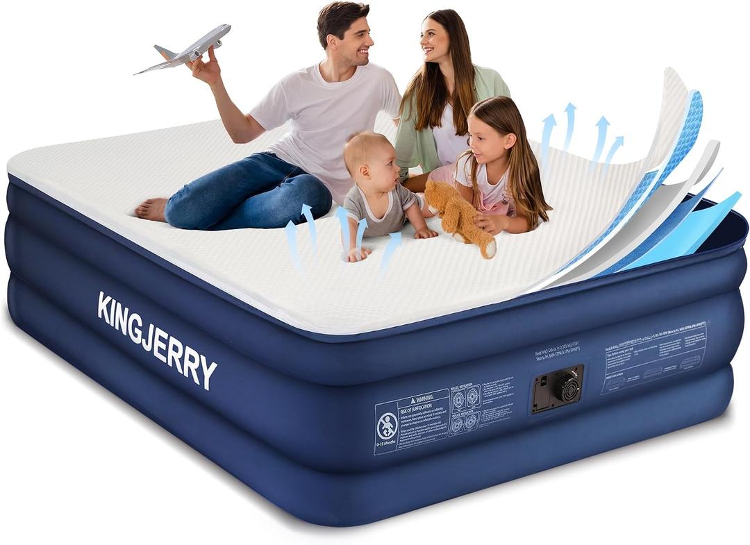 KINGJERRY Queen Air Mattress with Built-in Pump, 18" Luxury Foam Topper Inflatable Blow Up Mattress, Breathable & Washable Silk Feel Cover, 900lbs Supports, 48Hr Leak-Proof, 3-Min Fast for Home&Guests