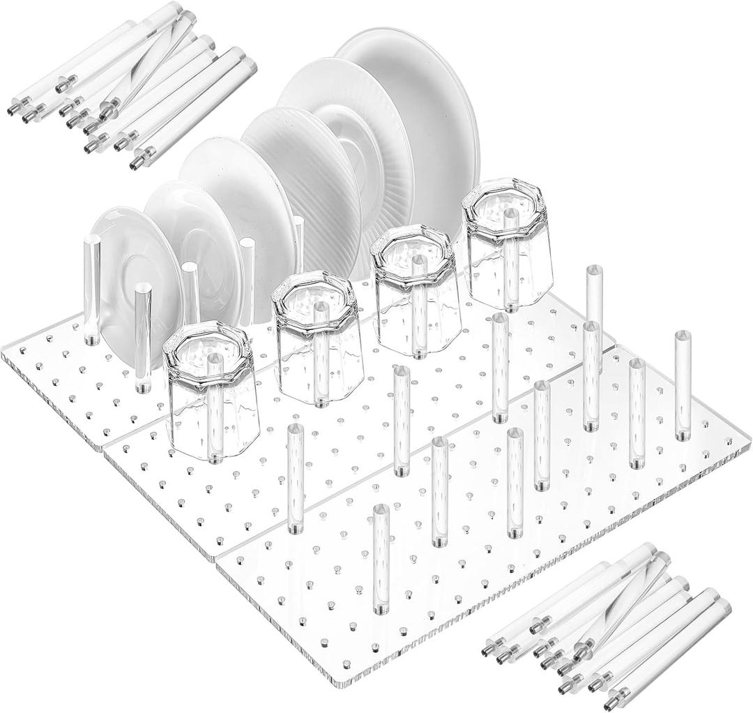 Kigley 3 Pcs Acrylic Pegboard Drawer Organizer with 32 Pegs - 16 x 5.91 in Clear Peg Board System - Drawer Organizers for Dishes, Food Containers, Cookware, Utensils - Kitchen