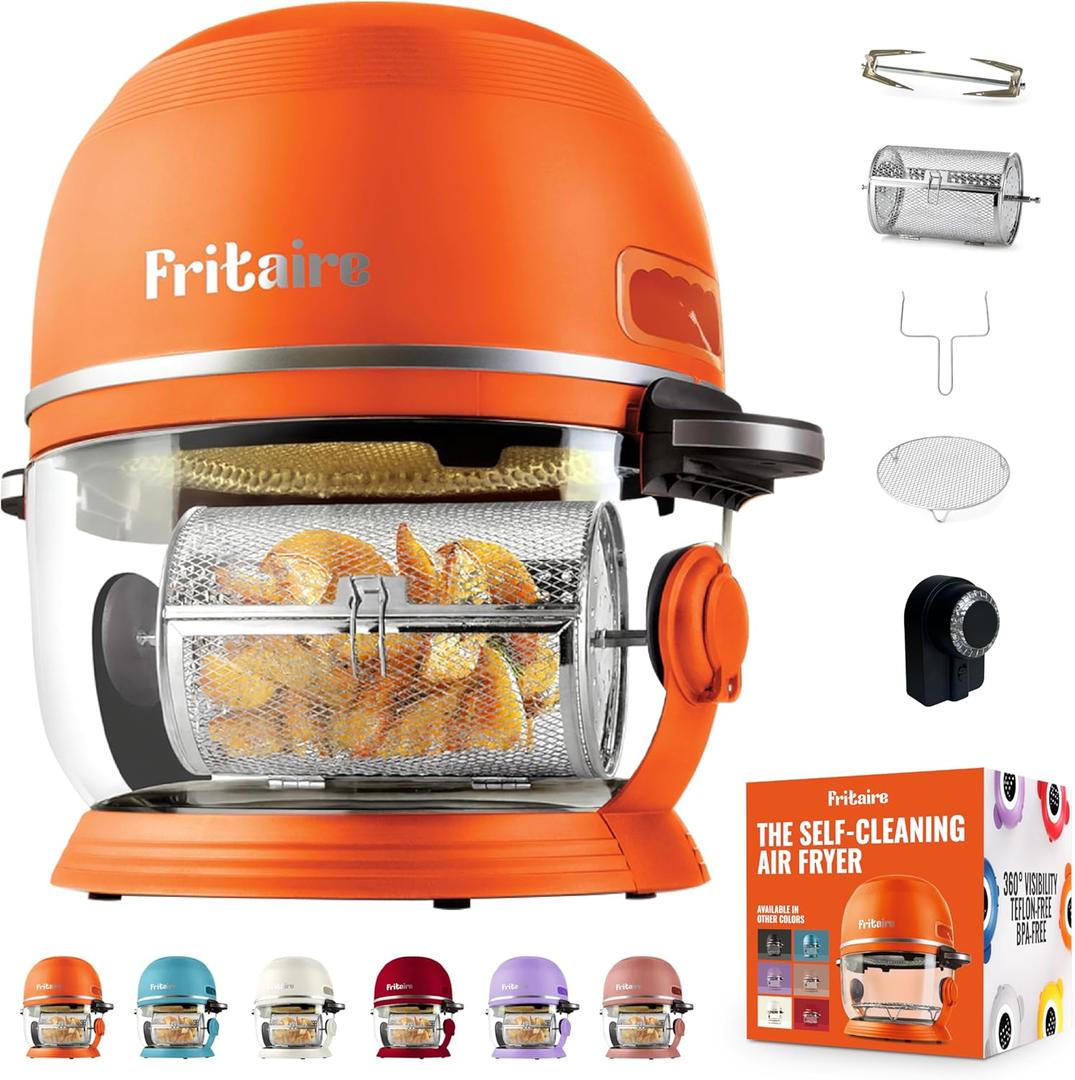 Non Toxic Air Fryer - Glass AirFryer 5 Quart w/ 360 Visibility, Self-Cleaning, 400F Vortex Air Fryer for Even Cooking, BPA-Free Teflon Free, 6-in-1 Functions, Rotisserie, Roast, Bake, Orange
