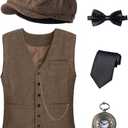 Kids 1920s Costume for Boys Vest Hat Pocket Watch Accessories Set Party Cosplay 3-14 Years (Dark Brown)