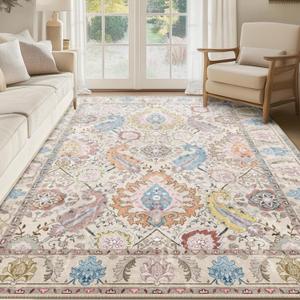 Boho 6x9 Area Rugs Machine Washable Carpet Low Pile Non Shedding Doormat Soft Area Rugs for Living Room Bedroom Kitchen Dining Room Entryway Hallway Indoor-Cream/Multi