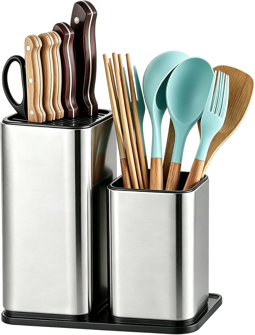 Universal Knife Block, 3-in-1 Stainless Steel Knife Holder and Utensil Holder, Extra Stable Non-Slip Base Kitchen Organizer for Countertop Storage, Space Saving Caddy for Knives, Spoons, Fork