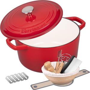 VORRINGARD Enameled Cast Iron Dutch Oven Pot with Lid, for Bread Baking, Round Bread Oven- include Sourdough Bread Baking Supplies Set, 6QT, Red