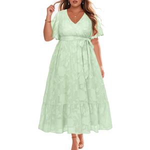 Pinup Fashion Plus Size Dresses for Wedding Guest - 2025 Cocktail Semi Formal Summer Wrap V Neck Maxi Dress (Sage Green)