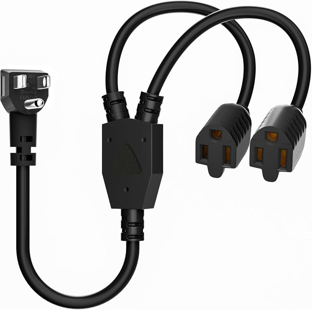 Elecan 3-Prong Y Splitter Power Extension Cord 1 FT, 90-Degree Angled Flat Plug 1 to 2 Way Outlet Space Saver, Heavy Duty Weatherproof SJTW, 16AWG 13A, 5-15P Cable Extender for Indoor Outdoor-UL