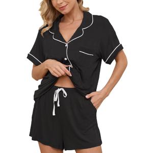 Womens Pajama Sets Short Sleeve Sleepwear Soft Button Down Nightwear Lounge Pj Set XS-XXL (Medium, Black(with Shorts Pocket))