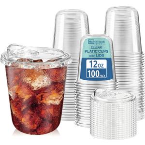 Homestockplus 100 Pack 12 oz BPA-Free Clear Plastic Cups with Sip Lids - Leak-Proof Round Bottom Disposable Iced Coffee Cups for Kids, To-Go Drinks, Smoothies, Juice & Small Portion Cold Beverages (EXP 12/31/36)