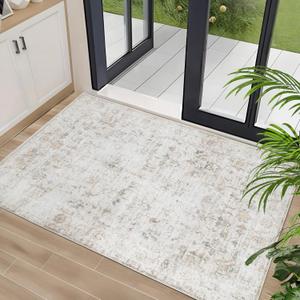 Washable 23 Area Rug for Entryway Indoor, Vintage Floral Small Area Rug Soft Non Slip Stain Resistant Boho Carpet for Front Door Dining Room Kitchen Bedroom, Beige