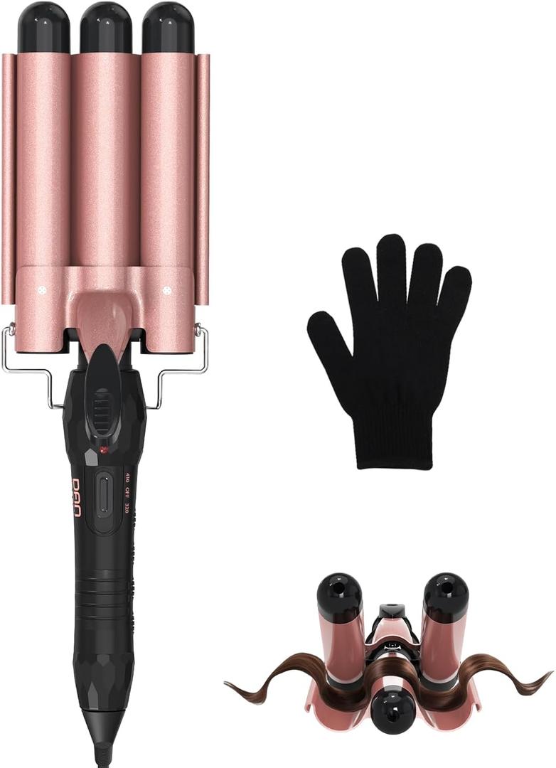 Hair Crimper Hair Waver, Triple Barrel Ceramic, Beginner-Friendly, 2 Temps 320F/410F, Dual Voltage 100-240V, Rose Gold (2 Heat Settings)