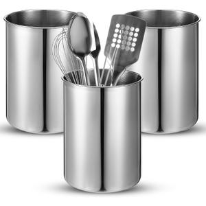 3 Pcs Cooking Utensil Holder for Kitchen Counter, 5.6 x 7.5 inch Metal Utensil Crock Stainless Steel Utensils Holder Container Canister Spatula Spoon Caddy Organizer (Silver)