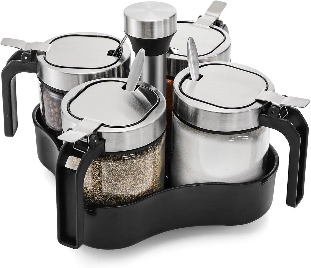 Mezchi Revolving Condiment Pots Spice Rack Organizer with 4 Pack Seasoning Jars and Spoons, Rotating Spice Rack for Kitchen, 360 Rotating Seasoning Holder for Pepper, Salt, Sugar, Herbs, Condiment