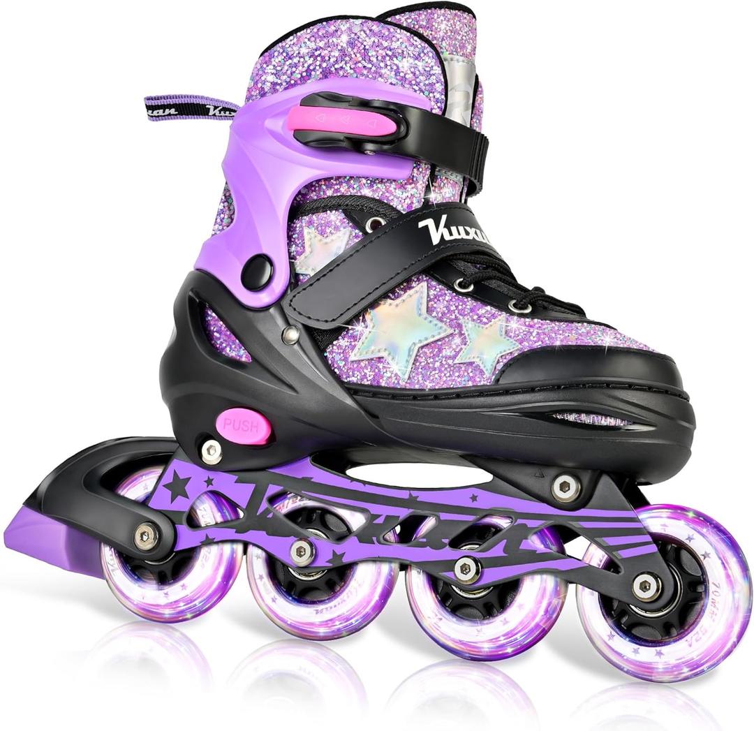 Kuxuan Adjustable Inline Skates for Girls and Women | Full Light Up Wheels, Twinkle Stars, Outdoor, For Kids and Adults Large