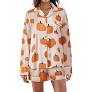 MBZJSDKHLK Women's Halloween Pajamas Set Silk Satin Ghost Pumpkin Print Long Sleeve Button Down Shirt 2 Piece Pjs Shorts Sets, M