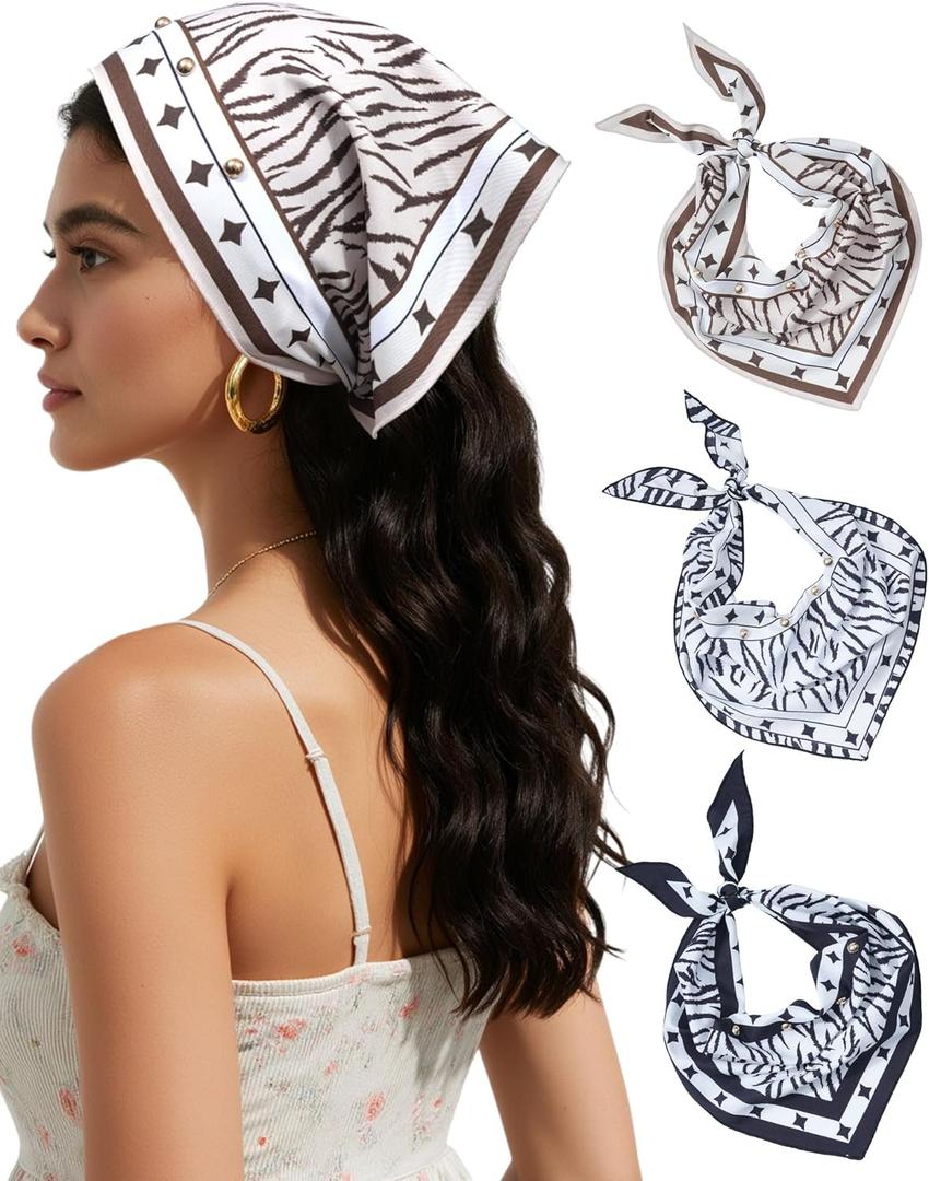 AWAYTR Women Triangle Head Scarf 3Pcs Tie Back Hair Bandanas for Women with Metal Studs - Head Coverings Cute Headscarf (Zebra - Black + White + Khaki)