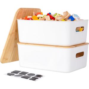 Citylife 2 PCS Storage Bins with Bamboo Lids Plastic Storage Containers for Organizing Stackable Storage Box with Handle, 15.16 x 10.79 x 5.83 inch (White)
