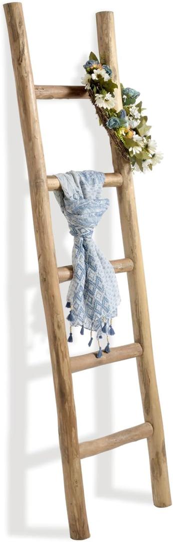FUIN Fully Assembled 5ft Wood Blanket Ladder Living Room Decorative Wall Leaning Farmhouse Quilt Display Holder Rustic Wooden Towel Rack for Bathroom, Brown