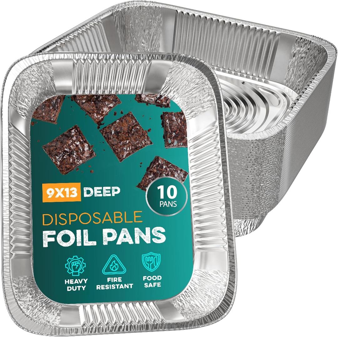 Aluminum Pans 9x13 [10 Pack] Aluminum Foil Trays - Disposable for Baking, BBQ Grilling, Roasting, Cake Serving Dishes, Catering Supplies, Steam Table Chafing Pans, Half Size Tin Foil Pan