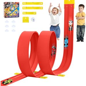 Wdmiya 17 ft Flexible Race Track for Kids,Compatible with Hot Wheels and Diecast 1/64th Cars, Double Track Long Rolls Up Portable Racetrack, Christmas & Birthday Gifts for Boys Girl Age 3-5 4-8 (Red)