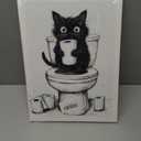 Cat Bathroom Canvas Wall Art Decor, Funny Animal Black and White Canvas Wall Art, Cute Cat On Toilet Holding a Toilet Paper Roll Artwork Prints for Bathroom Toilet Restroom Washroom Wall Decor 12x16''