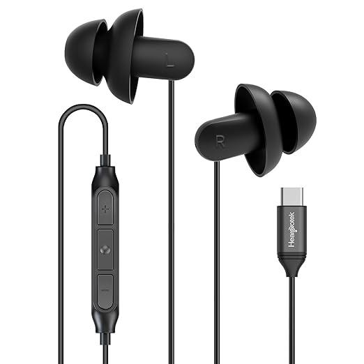 Hearprotek Sleep Headphones, 1 Pair USB C Wired Earbuds with Soft Silicone Noise Reduction Type C Earbuds with Microphone, Ideal for Sleeping, snoring, Relaxation (Black)