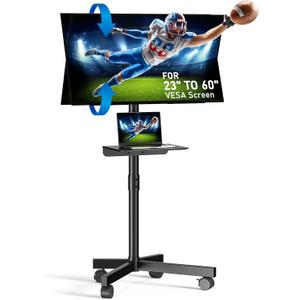 Mobile TV Stand for 23-60 Inch LCD LED OLED Flat Panel Curved Screen TVs up to 88 lbs, Tilt and Height Adjustable, Locking Rolling Wheels TV Cart with Shelf, Max VESA 400x400mm, Black