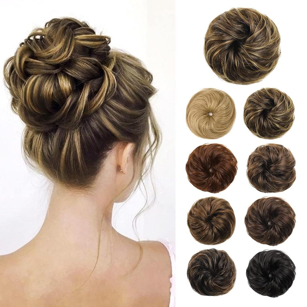 Flufymooz Messy Bun Hair Piece, 100% Real Human Hair Tousled Updo Extension Natural Curly Messy Bun with Elastic Band Hair Bun Hair Piece Ponytail Extensions for WomenMedium Brown with Highlights (1PC)