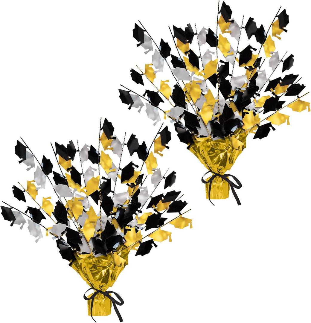 Beistle 2-Pack Metallic Gleam N Burst Centerpiece, Black/Gold/Silver Table Decor for Graduation Party with Mini Grad Caps, Tableware Decorations, 15"