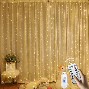 URLUKY 300 LED Curtain String Lights with Remote & Timer, 8 Modes Lighting, 9.8×9.8 Ft, DIY Lights for Birthday Wedding Christmas Party Bedroom Door Window Garden Home Decors (Warm White, 1 Pack)