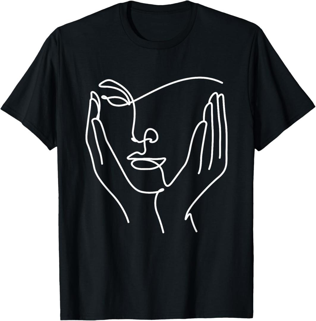 Aesthetic Line Art Woman Abstract Fashion Minimalist Drawing T-Shirt (Black)