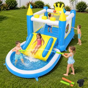 Inflatable Water Slide for Kids Ages 3-8, 6-in-1 PVC Water Bounce House | Blow Up Water Park with Splash Pool, Basketball Hoop, Ring Toss & Water Guns, Air Blower, for Backyard, Outdoor, Indoor, Small