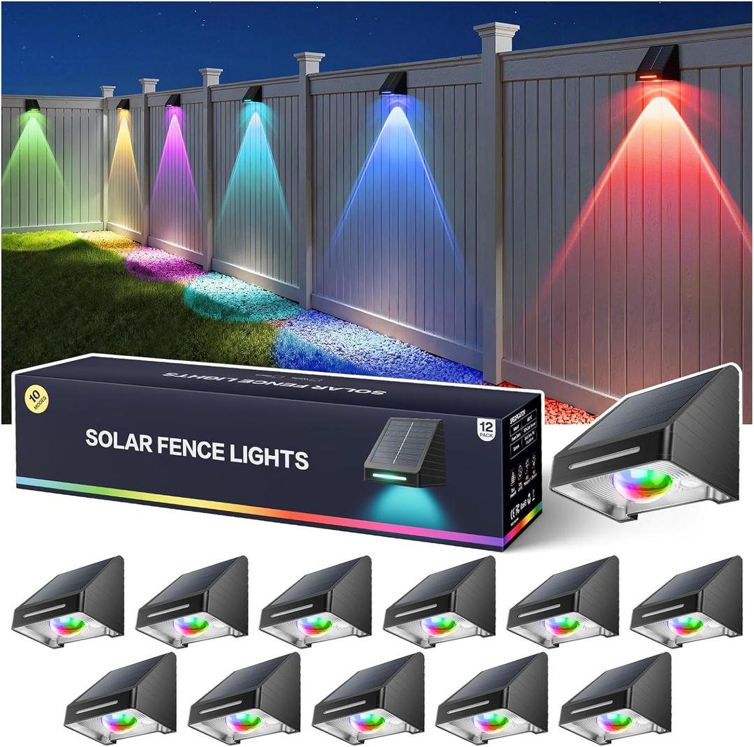 Solar Fence Lights Outdoor Waterproof, 9 Fixed Color  RGB Color Changing Modes, Brighter Spot Lens Fence Lights Solar Powered, Dusk to Dawn Deck Lighting Decor for Wall Step Stairs - 12 Pack