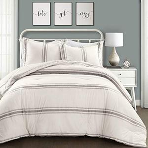 Lush Decor Farmhouse Stripe Reversible Cotton Comforter Set, 3 Piece Set, King, Gray - Cozy F