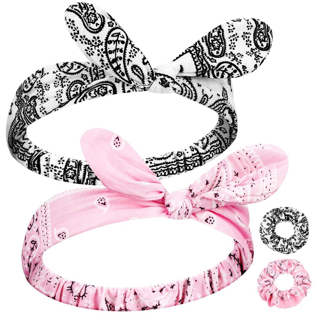 Hoteam 2 Set Bandana Headband and Scrunchies for Women and Girls, Elastic Paisley Headbands Paisley Bandana Hair Tie Knot Retro Adjustable Headwrap(White,Pink)