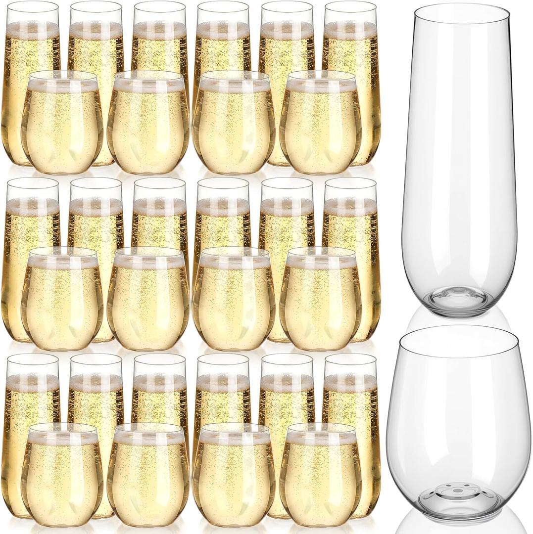 Remerry 48 Pack Stemless Plastic Wine Glasses 9 oz & 12 oz Disposable Champagne Flutes Cups Heavy Duty Shatterproof Toasting Cocktail Glasses for Weddings, Bars, and Events(Clear)