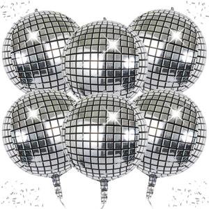6-Pack 22 Inch Silver 4D Disco Ball Balloons - Decorations for 90s Dancing Queen Party